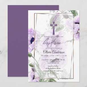 BAPTISM   Amethyst Floral Cross Invitation