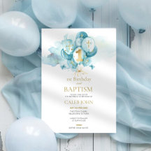 Baptism and 1st Birthday Blue Balloon Invitation