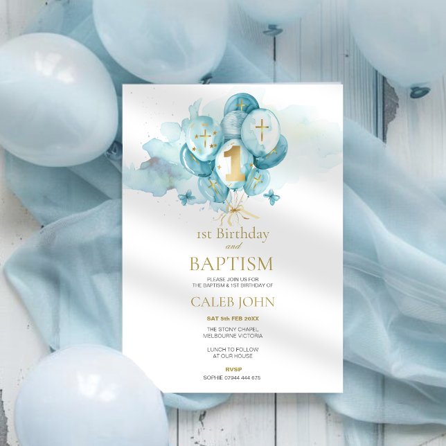 Baptism and 1st Birthday Blue Balloon Invitation (Creator Uploaded)