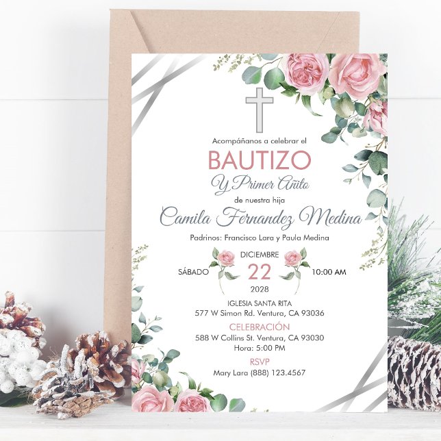 Baptism and 1st Birthday In Spanish pink roses Invitation (Creator Uploaded)