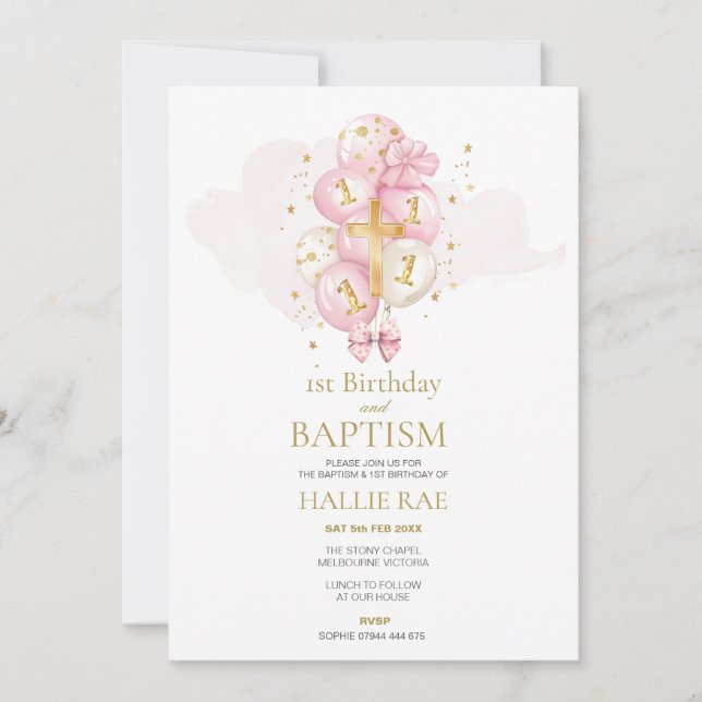 Baptism and 1st Birthday Invitation Pink and Gold  (Front)