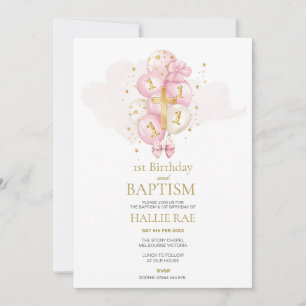 Baptism and 1st Birthday Invitation Pink and Gold 