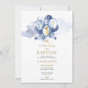 Baptism and 1st Birthday Navy Balloon Invitation