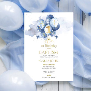 Baptism and 1st Birthday Navy Balloon Invitation