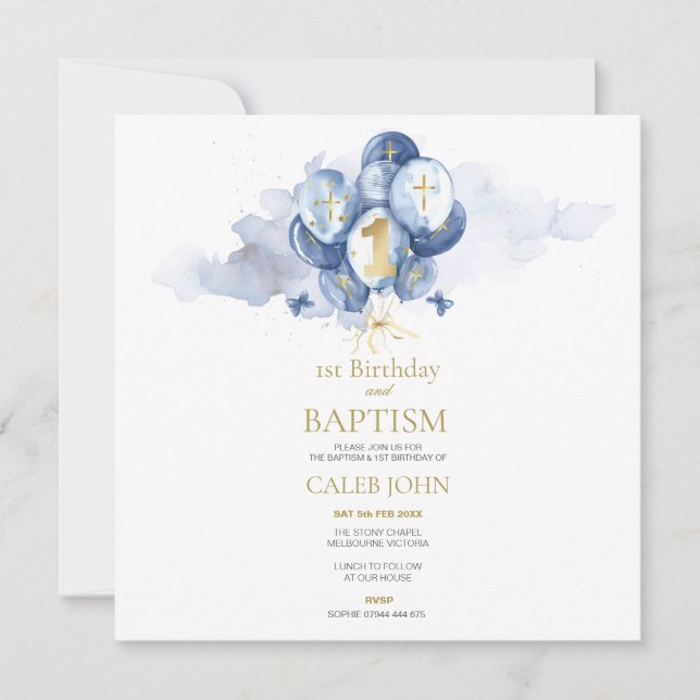 Baptism and 1st Birthday Navy & Gold Invitation (Front)