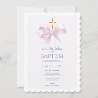 Baptism and 2nd Birthday Modern Pink Bow Invitation