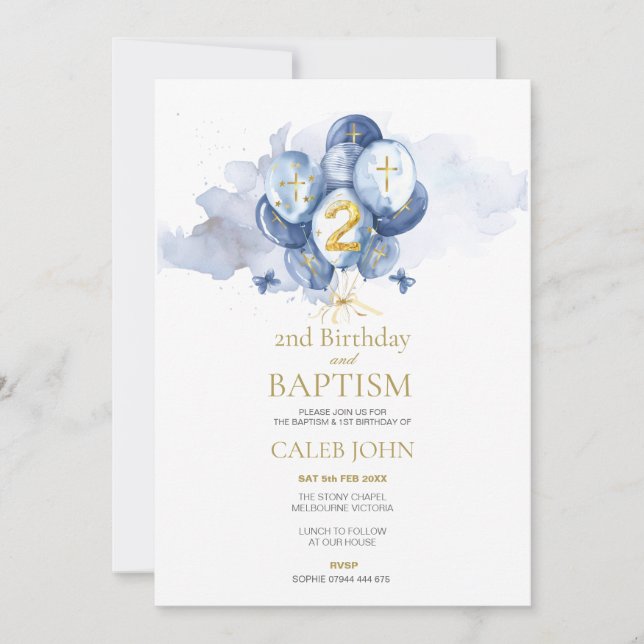 Baptism and 2nd Birthday Navy and Gold Invitation (Front)