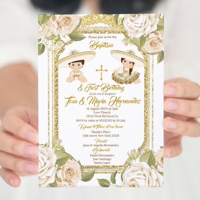 Baptism and Birthday Roses Floral Twin Boy Girl Invitation (Creator Uploaded)