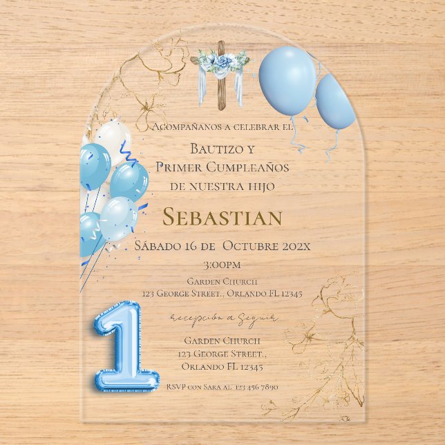 Baptism and first birthday acrylic with balloon invitations (Front)