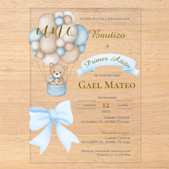 baptism and first birthday Acrylic with balloons a Invitations (Front)