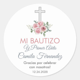 Baptism and First Birthday  Favours Pink Roses Classic Round Sticker