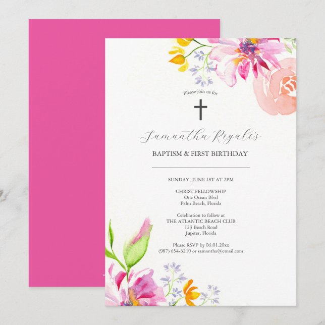 Baptism and First Birthday Invitations Pink Floral (Front/Back)