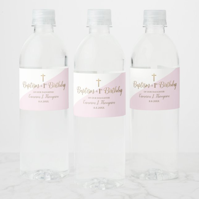 Baptism and First Birthday Pink Modern Gold Cross  Water Bottle Label (Bottles)