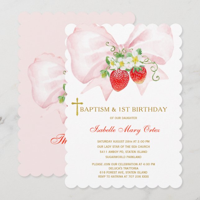Baptism and First Birthday Strawberry Invitation (Front/Back)