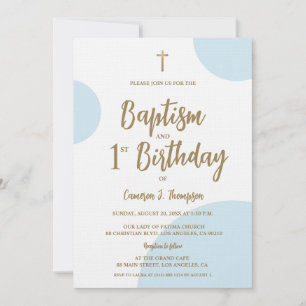 Baptism and First Birthday with Cross Blue Gold Invitation