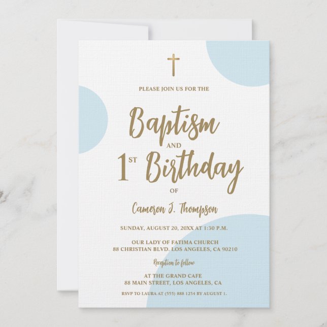 Baptism and First Birthday with Cross Blue Gold Invitation (Front)
