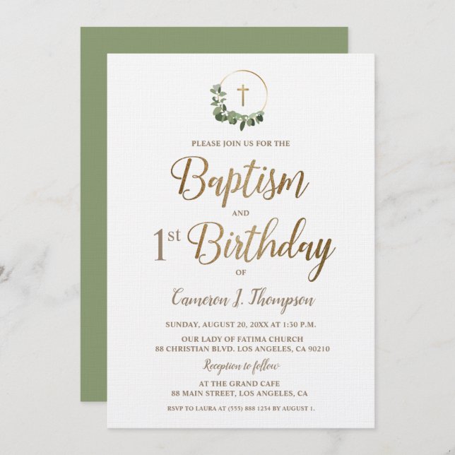 Baptism and first Birthday Wreath Gold Cross Invitation (Front/Back)