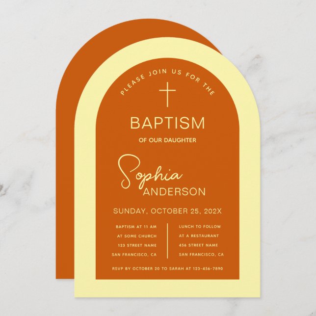 Baptism Arch Burnt Orange Yellow Modern Script Invitation (Front/Back)