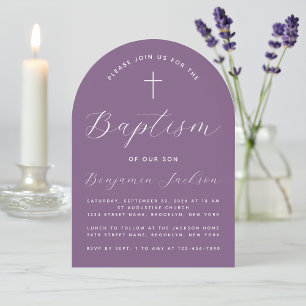 Baptism Arch Dusty Purple Modern Script and Cross Invitation