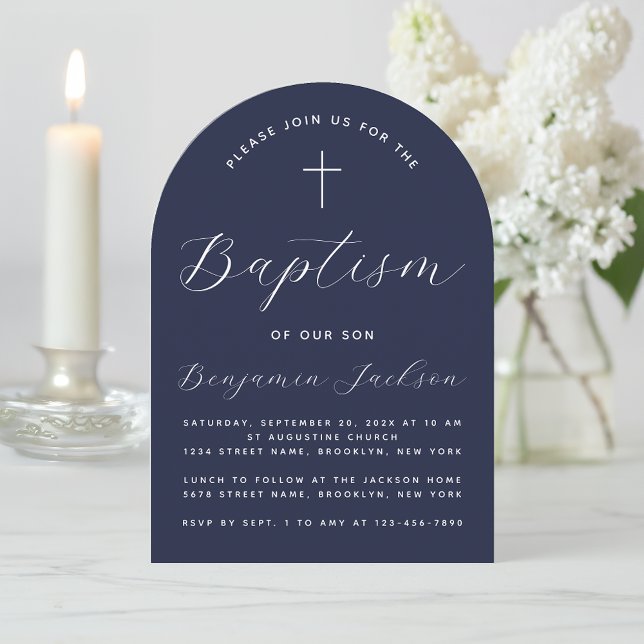 Baptism Arch Navy Blue Boy Christening Script Invitation (Creator Uploaded)