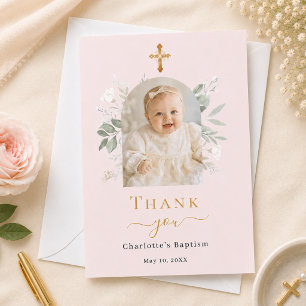 Baptism arch photo blush pink white floral girl thank you card