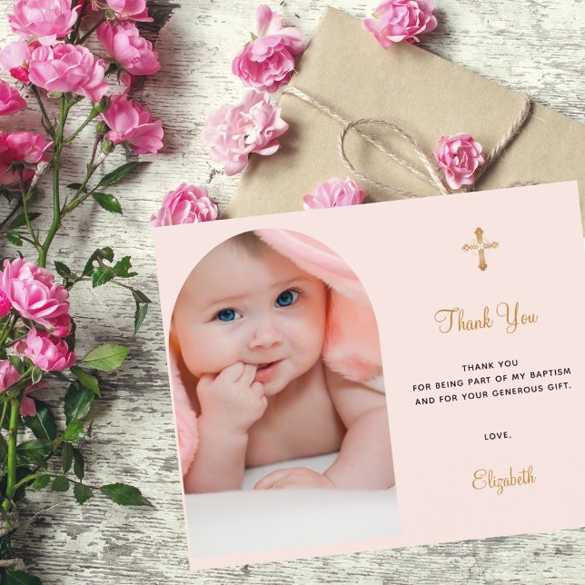 Baptism arch photo blush rose thank you card (Creator Uploaded)