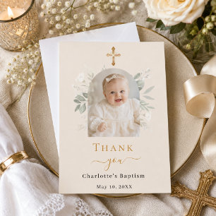 Baptism arch photo champagne white florals girl thank you card