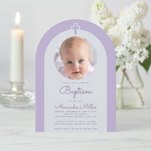 Baptism Arch Photo Lavender Purple Cross & Script Invitation