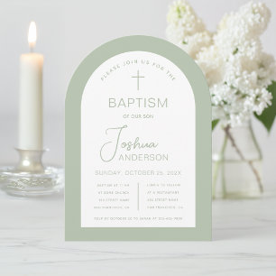 Baptism Arch Sage Green Modern Script Christening Invitation