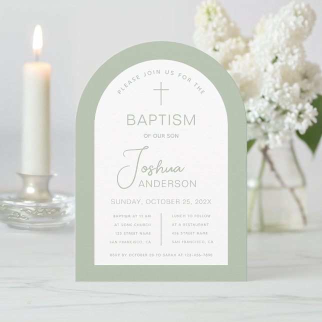 Baptism Arch Sage Green Modern Script Christening Invitation (Creator Uploaded)