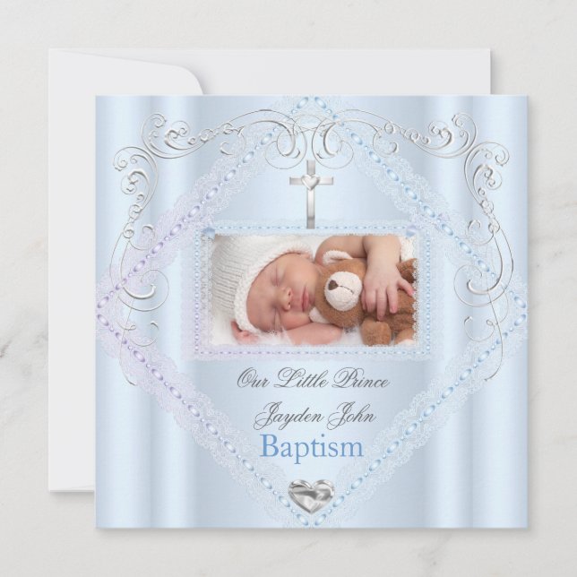 Baptism Baby Boy Blue Christening Cross Prince 2 Invitation (Front)