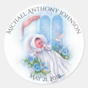 Baptism Baby Boy Blue Flowers Cross Classic Round Sticker