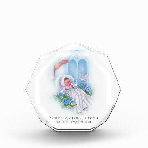 Baptism Baby Boy Blue Flowers Cross Photo Block