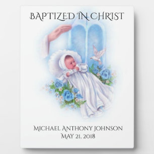 Baptism Baby Boy Blue Flowers Dove Plaque
