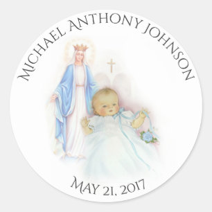 Baptism Baby Boy Blue Flowers Mary Classic Round Sticker