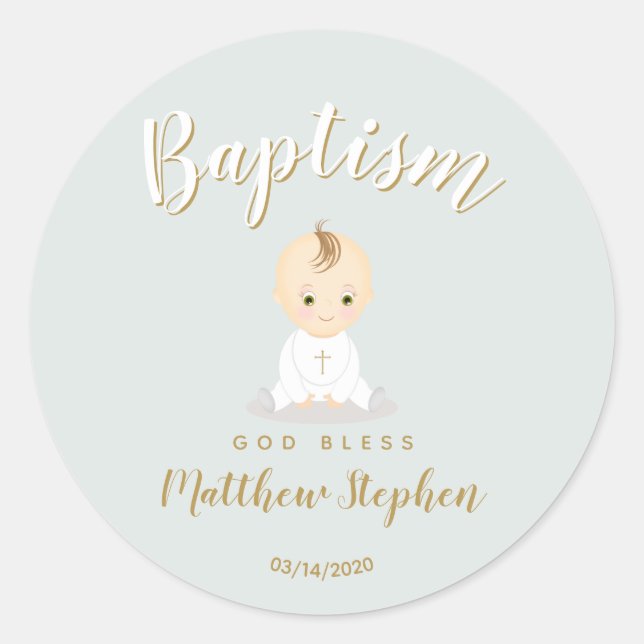 Baptism Baby Boy Classic Round Sticker (Front)