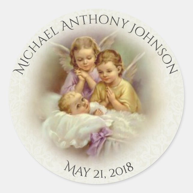Baptism Baby Boy or GIrl angels praying Classic Round Sticker (Front)
