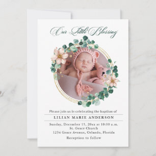 Baptism Baby Eucalyptus Poinsettia Photo Holiday Card
