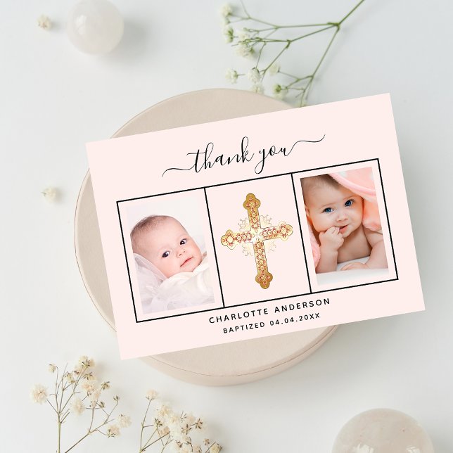 Baptism baby girl blush pink photo thank you card (Creator Uploaded)