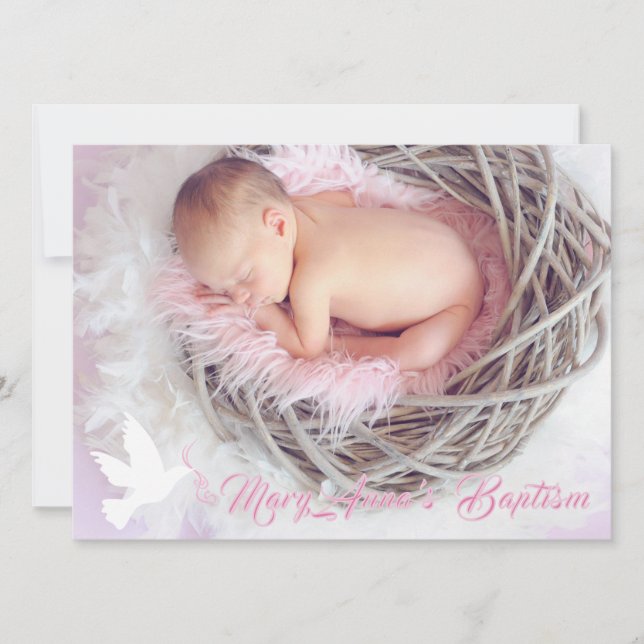 Baptism baby girl dove and photo invitation card (Front)