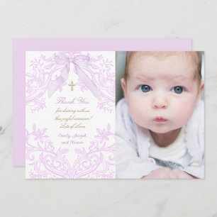 Baptism baby girl lilac design thank you card