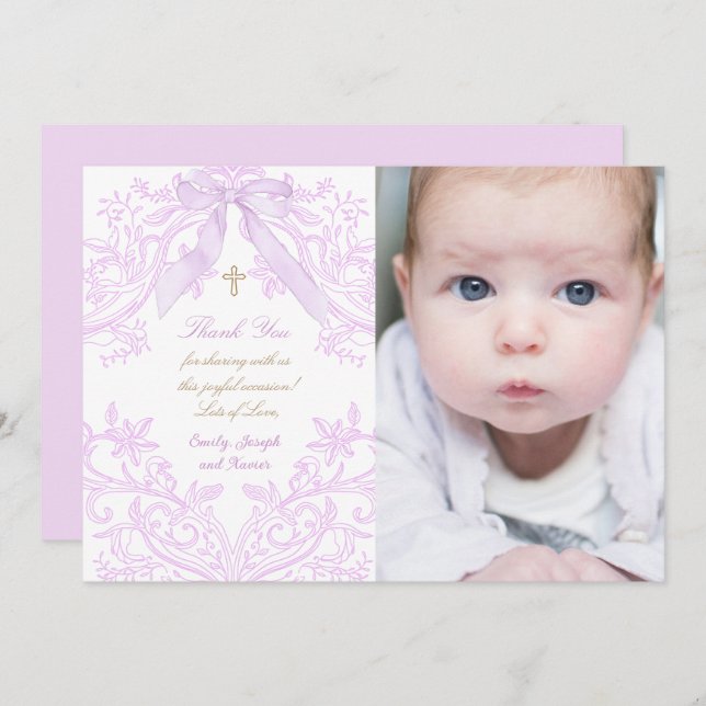 Baptism baby girl lilac design thank you card (Front/Back)