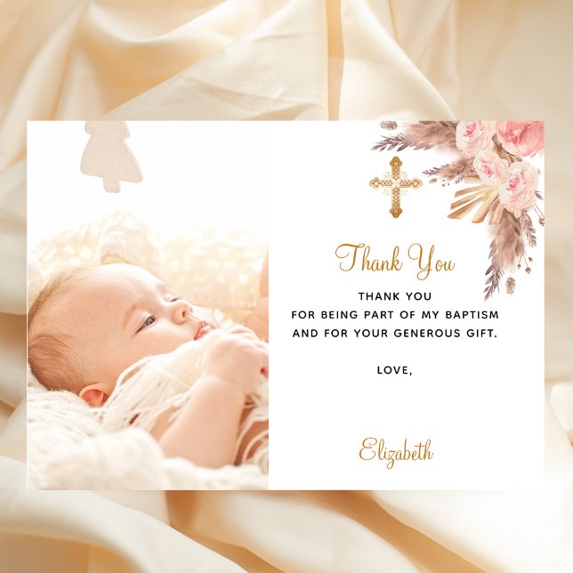 Baptism baby girl pampas photo thank you card (Creator Uploaded)