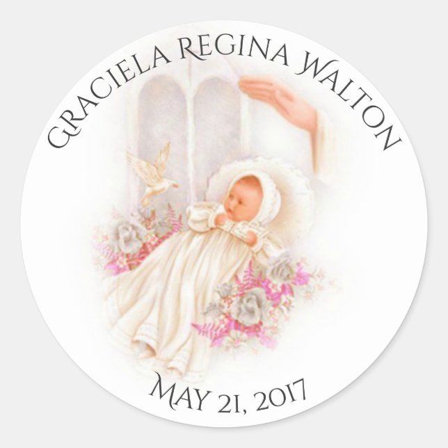 Baptism Baby Girl Pink Flowers Cross Classic Round Sticker (Front)