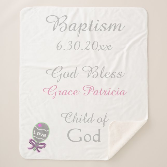 Baptism Baby Girl Pink Star Rattle Medium Sherpa Blanket (Front)