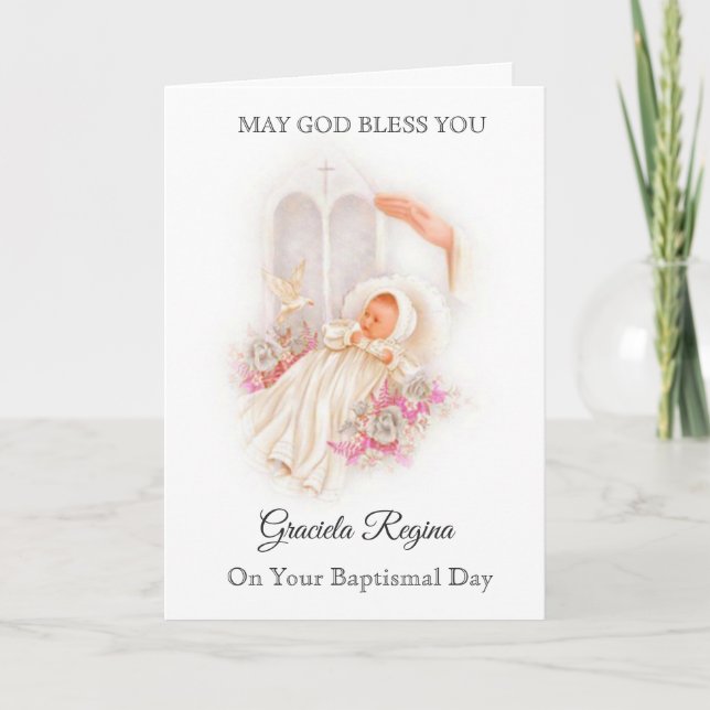 Baptism Baby Girl Roses Cross Blessing Card (Front)