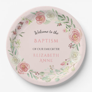 Baptism Baby Girl Watercolor Floral Pink and White Paper Plate
