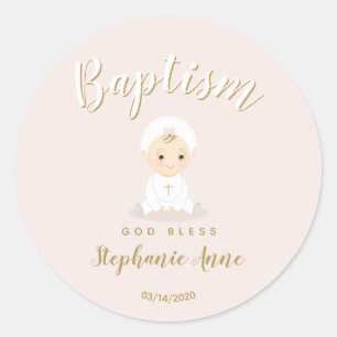 Baptism Baby Girl with Bonnet Classic Round Sticker