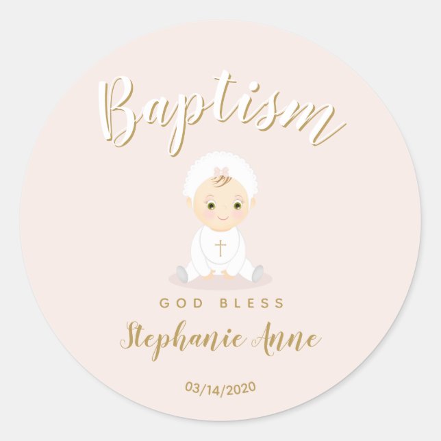 Baptism Baby Girl with Bonnet Classic Round Sticker (Front)