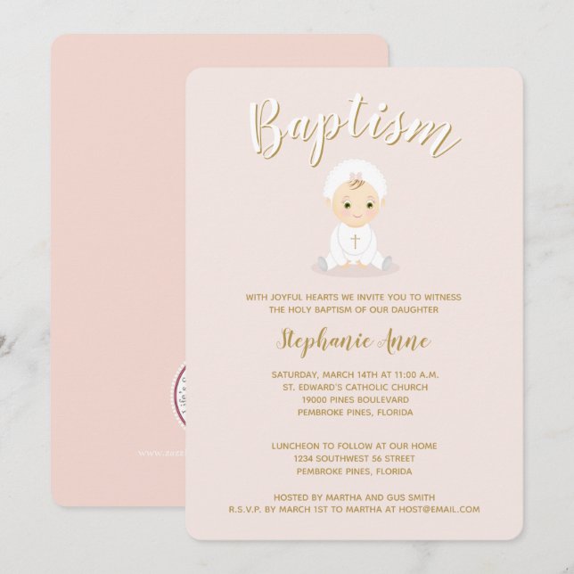 Baptism Baby Girl with Bonnet Invitation (Front/Back)